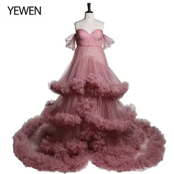 Elegant Off Shoulder Sweetheart Neck Front Slit Evening Gowns for Photoshoot Tulle Photography Robe YEWEN YW21022