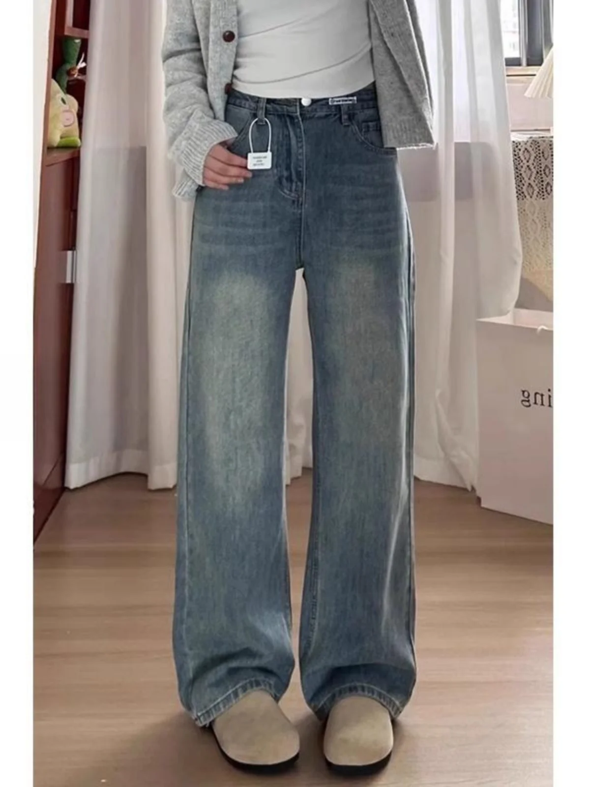 

Синие прямые джинсы в стиле ретро, женские свободные широкие брюки с высокой талией больших размеров для грушевого тела, повседневные джинсовые брюки