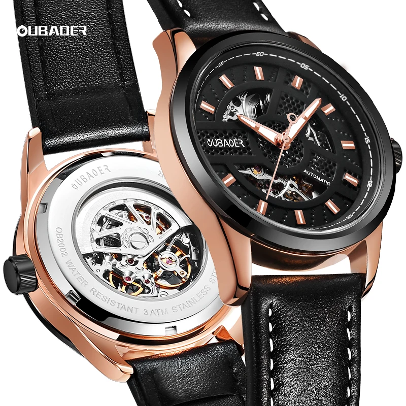 

OUBAOER Skeleton Mechanical Men's Watches Rose Case Leather Strap Business Sports Wristwatches New Male Clock Montres Mecaniques