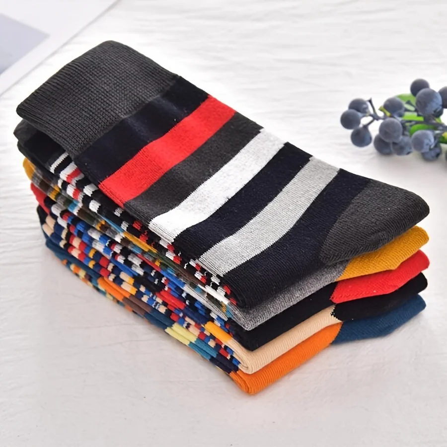 5 Pairs Autumn and Winter New Men\'s Socks Stripe Contrast Color Fashion Retro Trendy Ins Style Sports Leisure Tube Socks