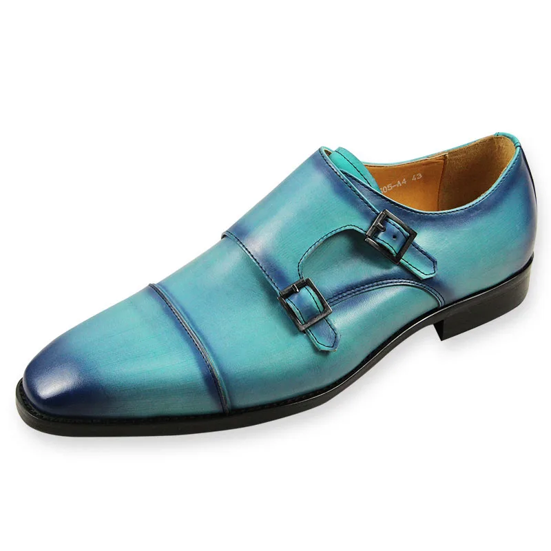 

Deluex Monk Strap Penny Shoes High Quality Handmade Slip-On Loafers Office Business Fashion Skyblue Men's Shoes Genuine Leather