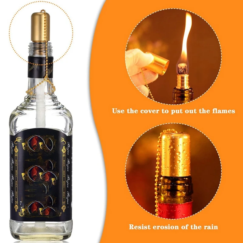 16PCS Metal Wine Bottle Torch Kit Include Brass Torch Wick Holder With Washer, Torch Wicks And Lamp Cover