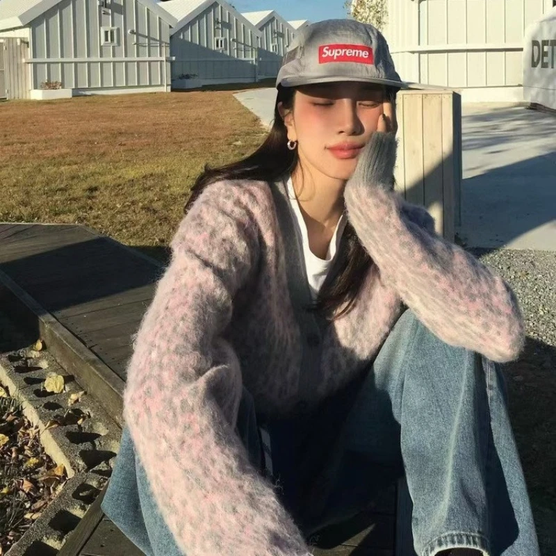 Asif Calie Korea Niche Brand Asif Calie Mohair Leopard Print Knit Button-Up Sweater Cardigan Women's Fashion