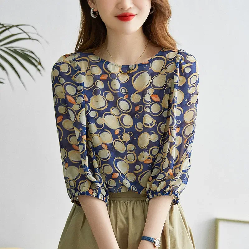 

Vintage Printed O-Neck 3/4 Sleeve Shirring Loose Chiffon Shirt Summer Casual Tops Oversized Commute Fashion Woman Blouses 2022