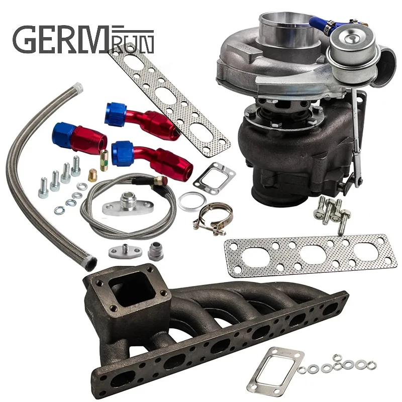 

Exhaust Manifold T3/T4 T04E V-BAND Turbocharger 63 A/R for BMW E36 E46 M3 I6 92-99 4AN+Oil Feed Inlien Line Kit