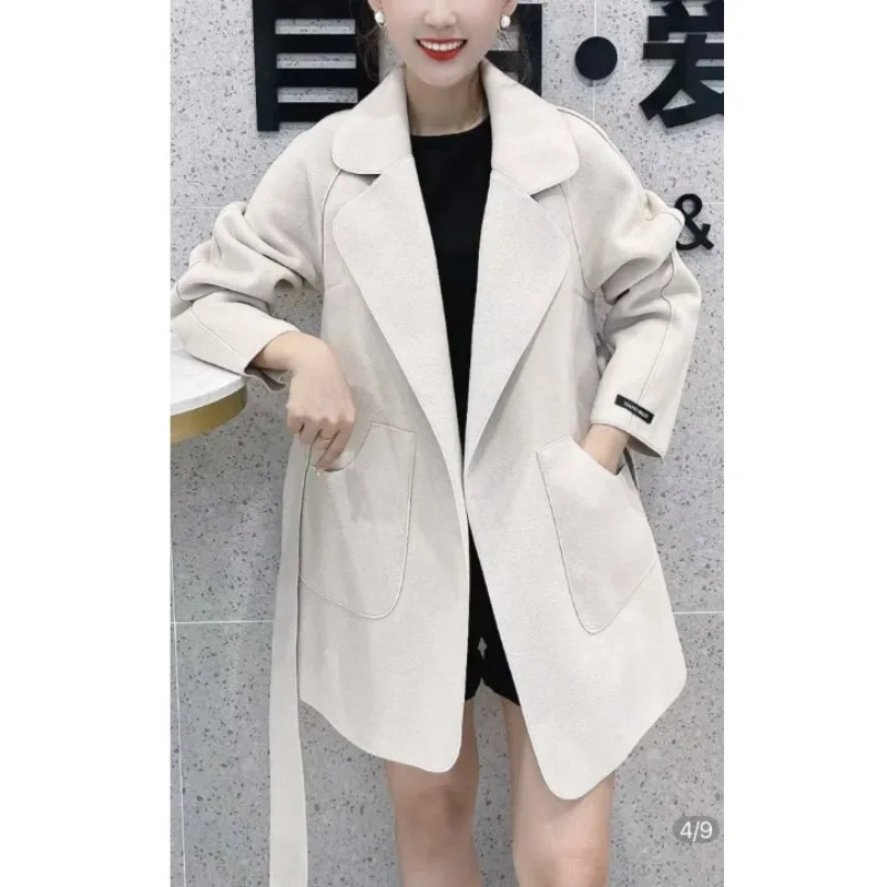 Trend Luxury Design-Forward Wool Coat Women's Trench Coat Belt Pockets Spring Autumn Tweed Jacket New Womens Fur Coat Solid