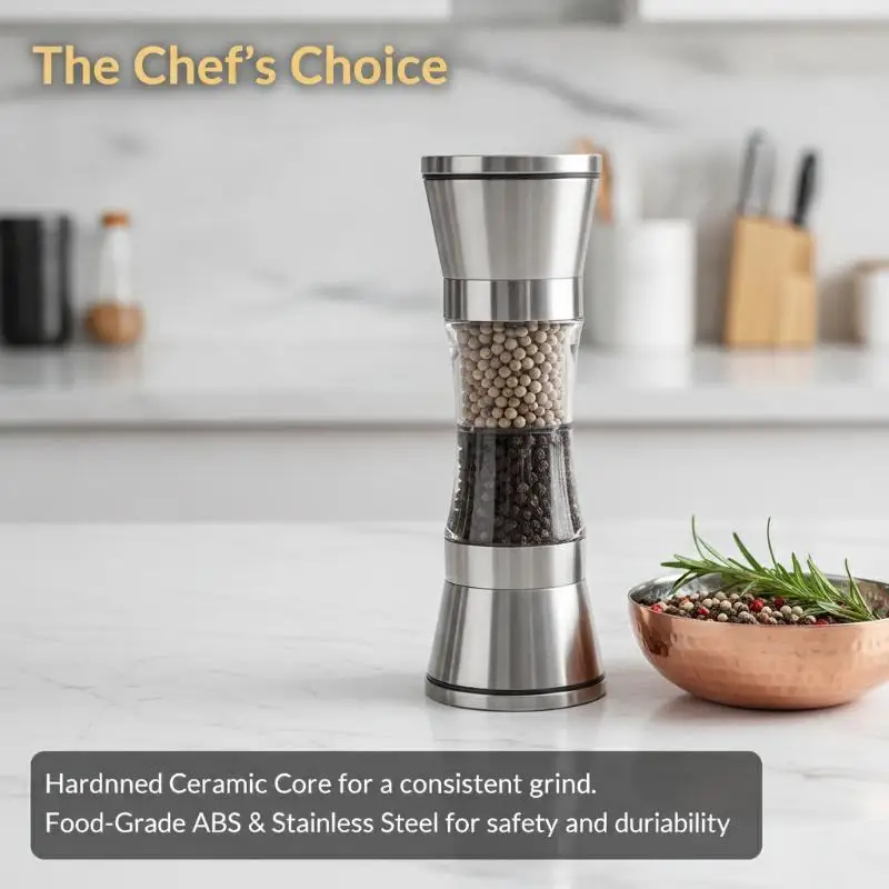(2 In 1 Adjustable Pepper Salt Grinder Rustproof Stainless Steel Manual Mill Double Heads Coarseness Control)
