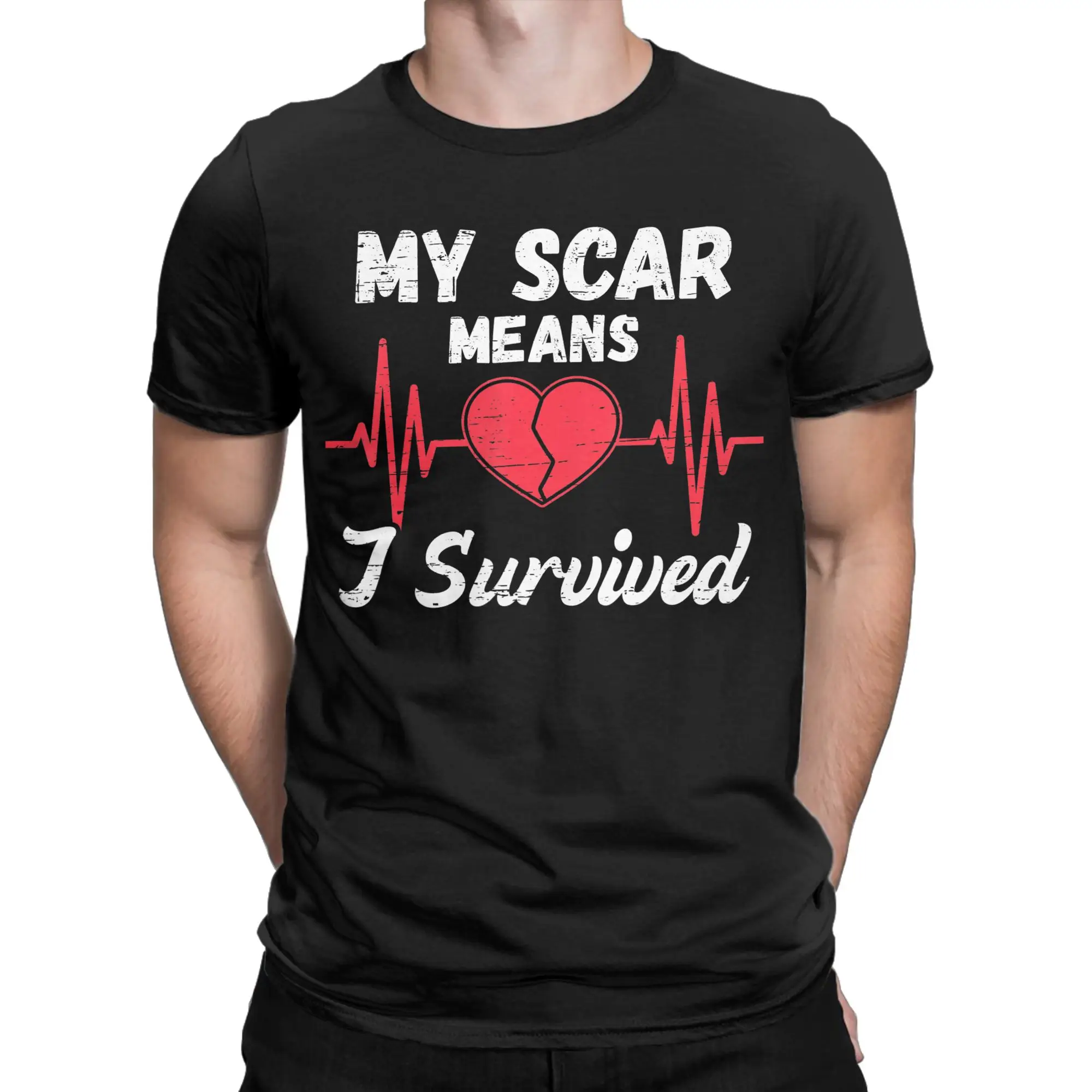 Funny My Scar Means I Survived Heart  T-Shirts for Men Crewneck Cotton T Shirts  Short Sleeve Tees New Arrival Clothes