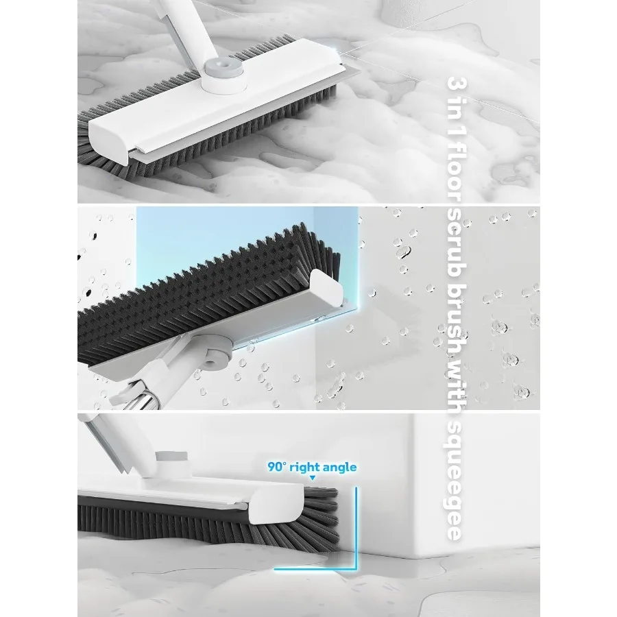 Cepillo para fregar suelos con mango largo, raspar 3 en 1 y cerdas rígidas de alta resistencia, cepillo para fregar suelos con escobilla de goma y pinzas para