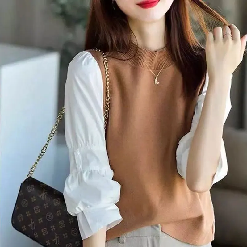 Casual Solid Color Round Neck Blouse Fake Two Pieces 2023 Spring Autumn Vintage 3/4 Sleeve Female Stylish Patchwork Button Shirt