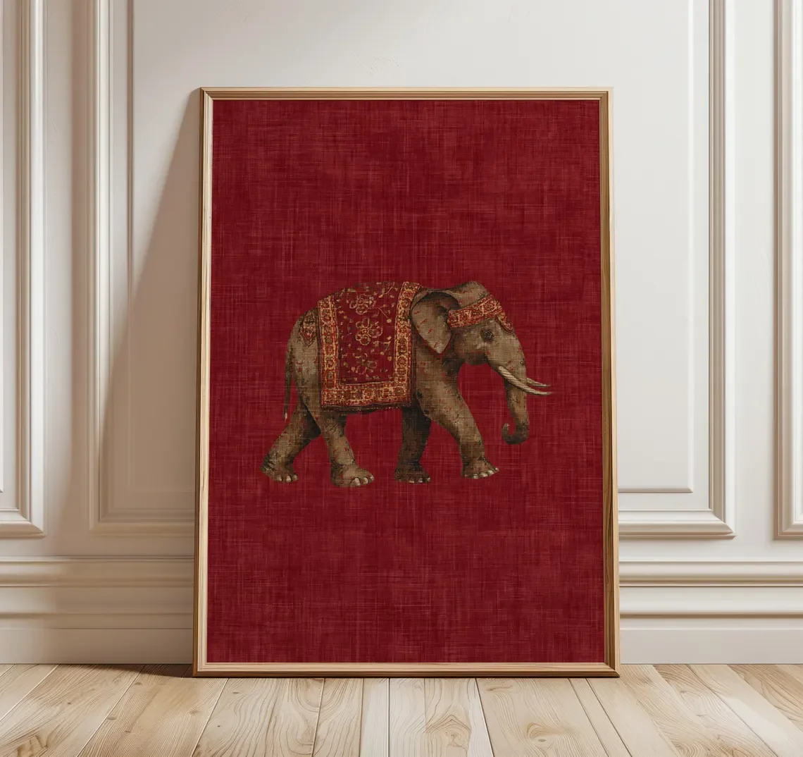 Indian Elephant Pattern Canvas Print, Red Textile Wall Art, Boho Tribal Decor, Oriental Animal Poster, Cultural Interior Desi
