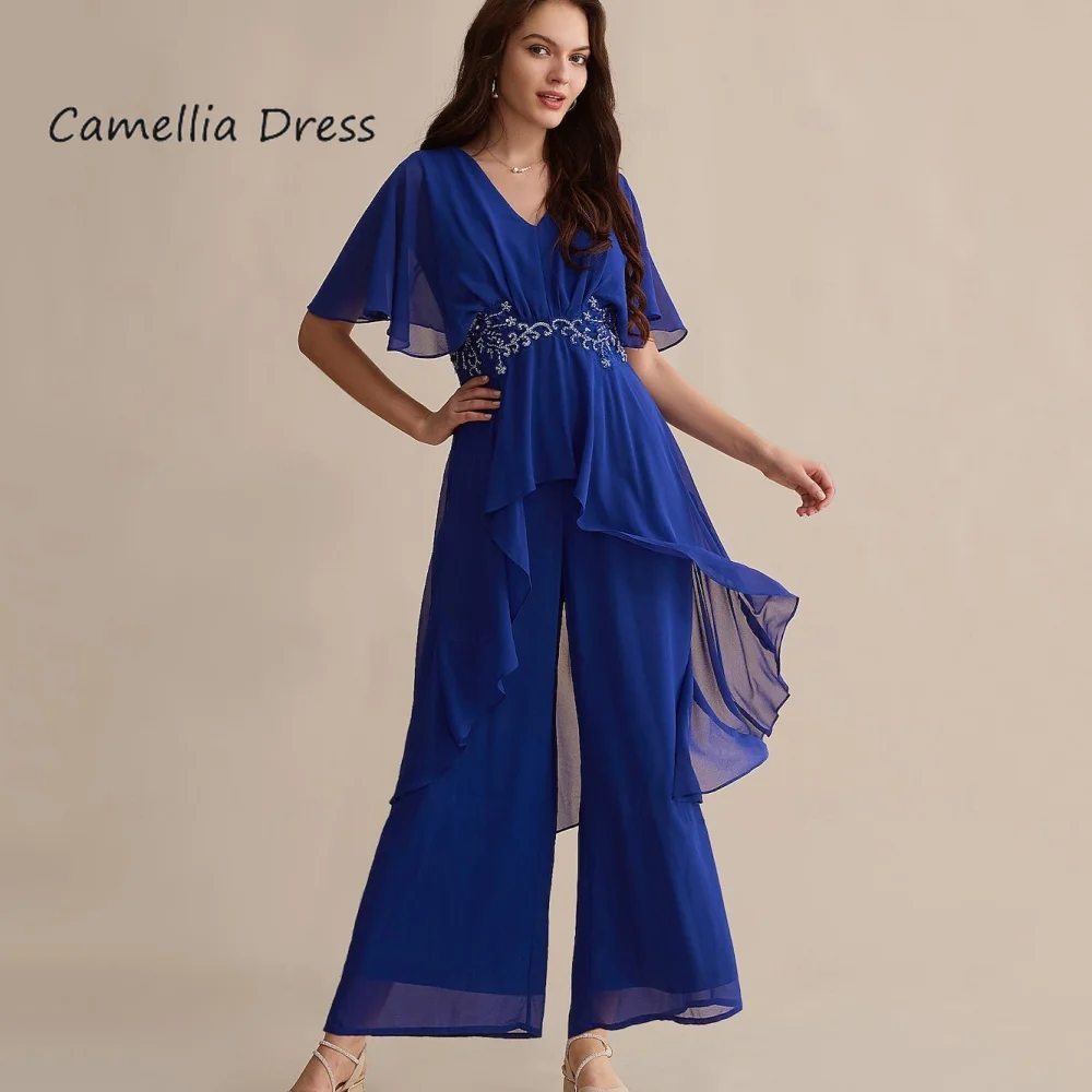 New Mother Of The Bride V Neck Dress Pantsuit Applique Floor Length Chiffon Formal Dresses Vestidos Mae Da Noiva Casamentos