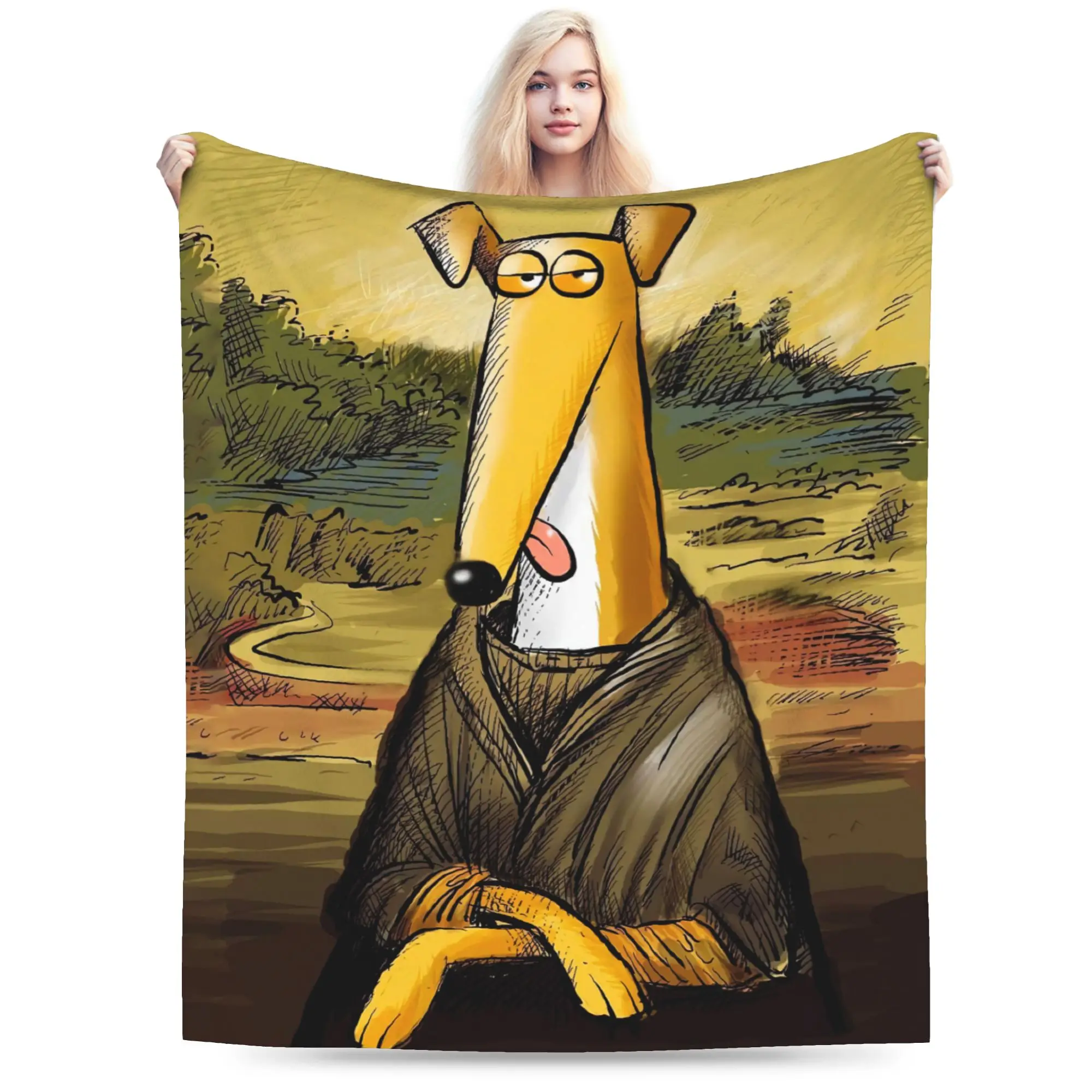 Custom 3D Print Mona Lurcher Funny Greyhound Blankets Breathable Soft Flannel Winter Whippet Hound Dog for Sofa Outdoor Bed