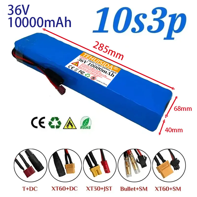 36V 10000mAh 18650 Rechargeable Lithium Battery Pack 10S3P 1000W with BMS for Bicycle Scooter Battery Can Be Customized