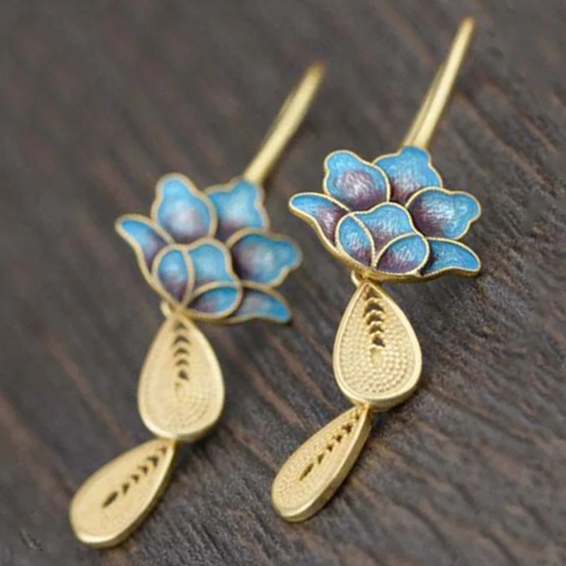 New Republic Of China Vintage Silk Burnt Blue Earrings Temperament Lotus Droplet Pendant Earrings Women's Exquisite Jewelry Gift