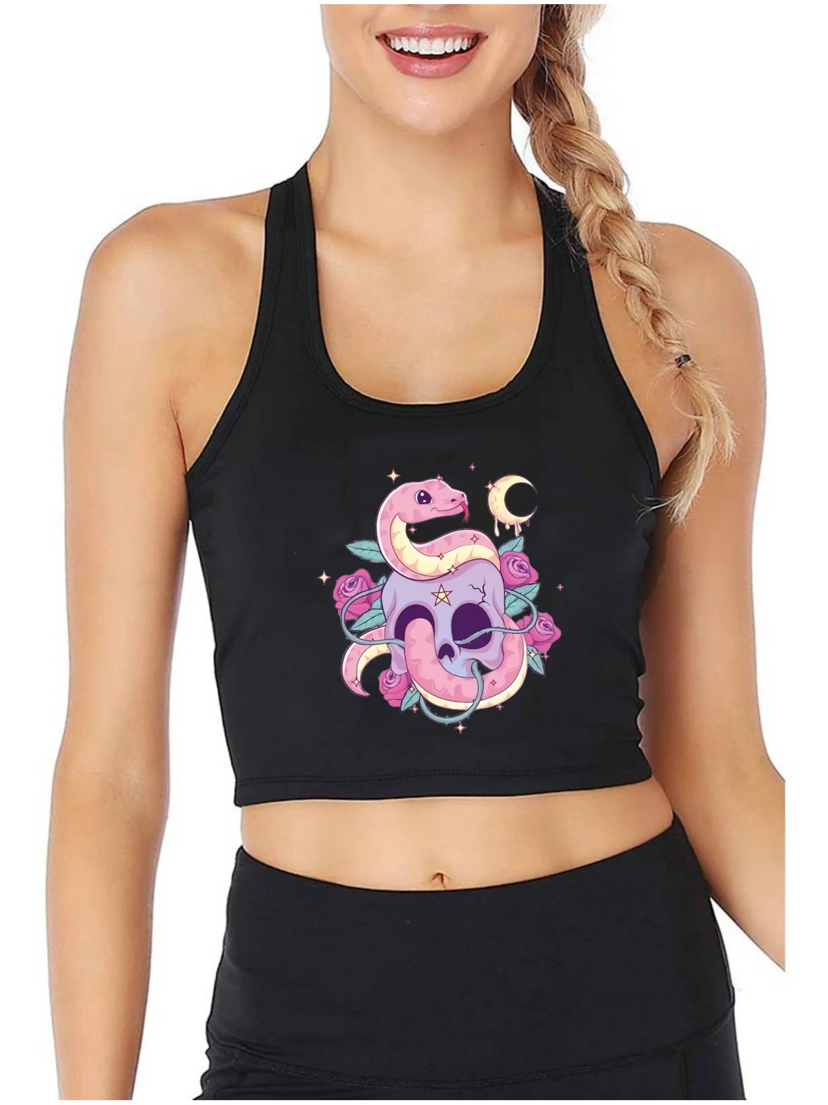 Pastel Goth Creepy Skull Serpent Graphics Crop Top Gothic Kawaii Snake Printed Sexy Slim Fit Tank Tops Halloween Camisole