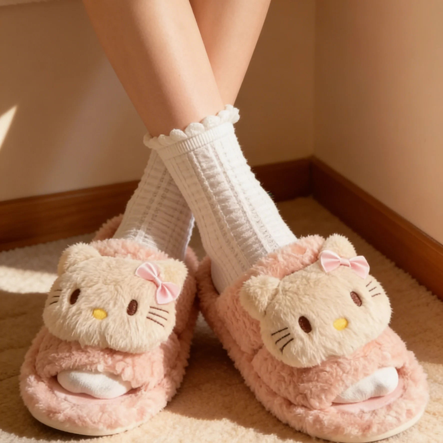 

Детские тапочки, домашняя обувь, зимняя обувь с рисунком «Hello Kitty» для девочек, теплая обувь с мягкой подошвой, противоскользящая, розово-белая обувь, размер 36-41