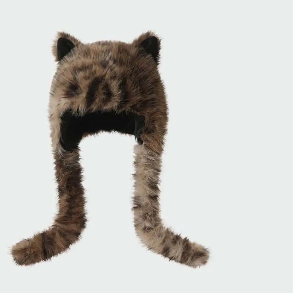 Cat Ears Headwear Long Braids Earflap Hat Animal Ears Thick Faux Fur Cap Cozy Lining Soft Texture Winter Fluffy Hat Daily Wear