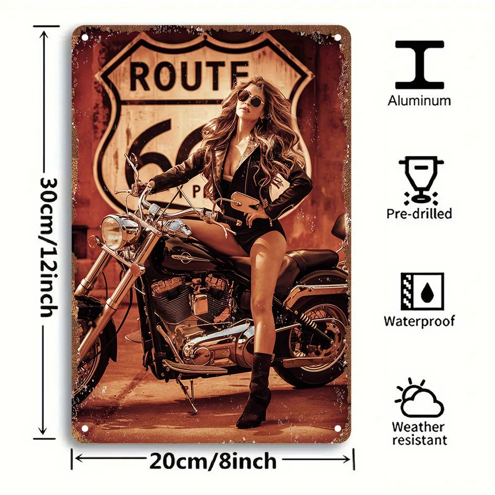 Retro Motorcycle Theme 2D Flat Aluminum Route 66 Wall Hanging Plaque for Cafe Kitchen Club Bar Home Christmas‑Gift Wall Decor