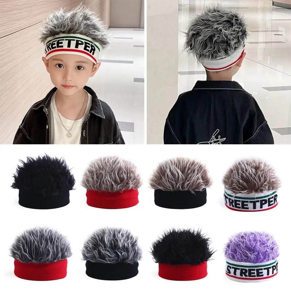 Funny Kids Wig Hat Knitted Elastic Beanies Hat Hair Integrated Headwear Personality Children Hip Hop Letter Cap