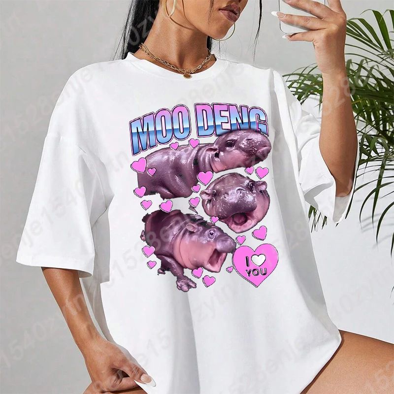 Oversized T-shirts For Women, Hippo & Letter Print T-shirt Summer Casual T-shirts Short Sleeve Graphic Tees Oversized Tops