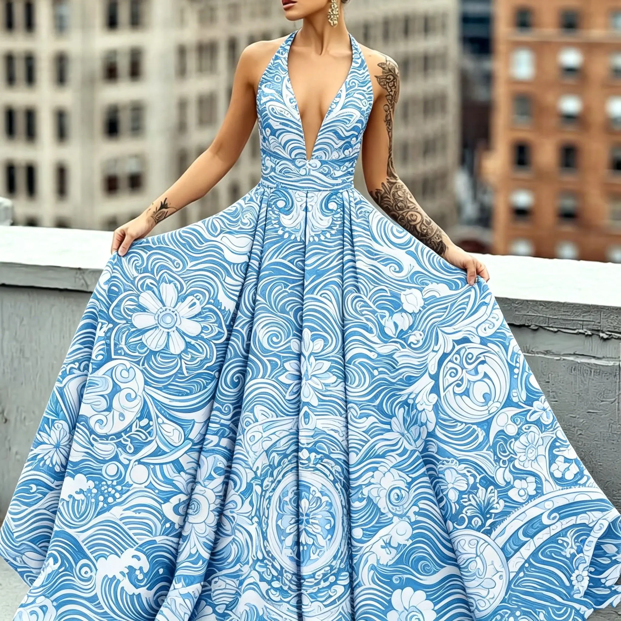 

2026 Porcelain Wave Floral Printed Dress Classic Chic Vintage Sleeveless A-Line Midi Dress Formal Casual Occasions Dresses
