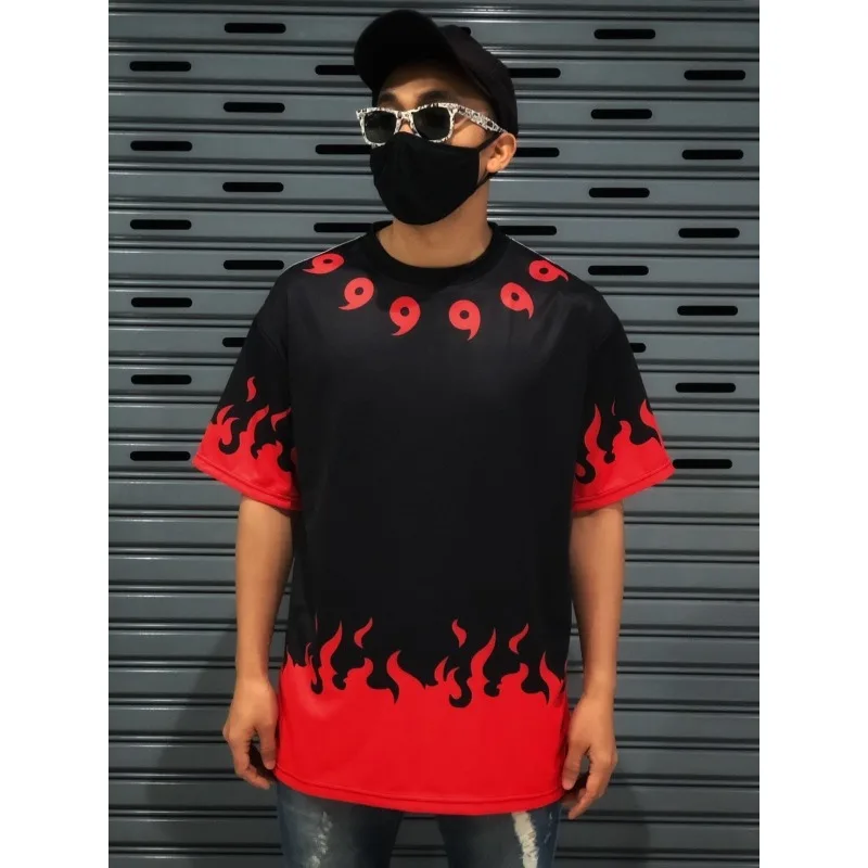 Bandai Anime Naruto seis caminos llama patrón estampado hombres camiseta Casual ropa de calle Anime Fans debe tener cómodo uso diario Top