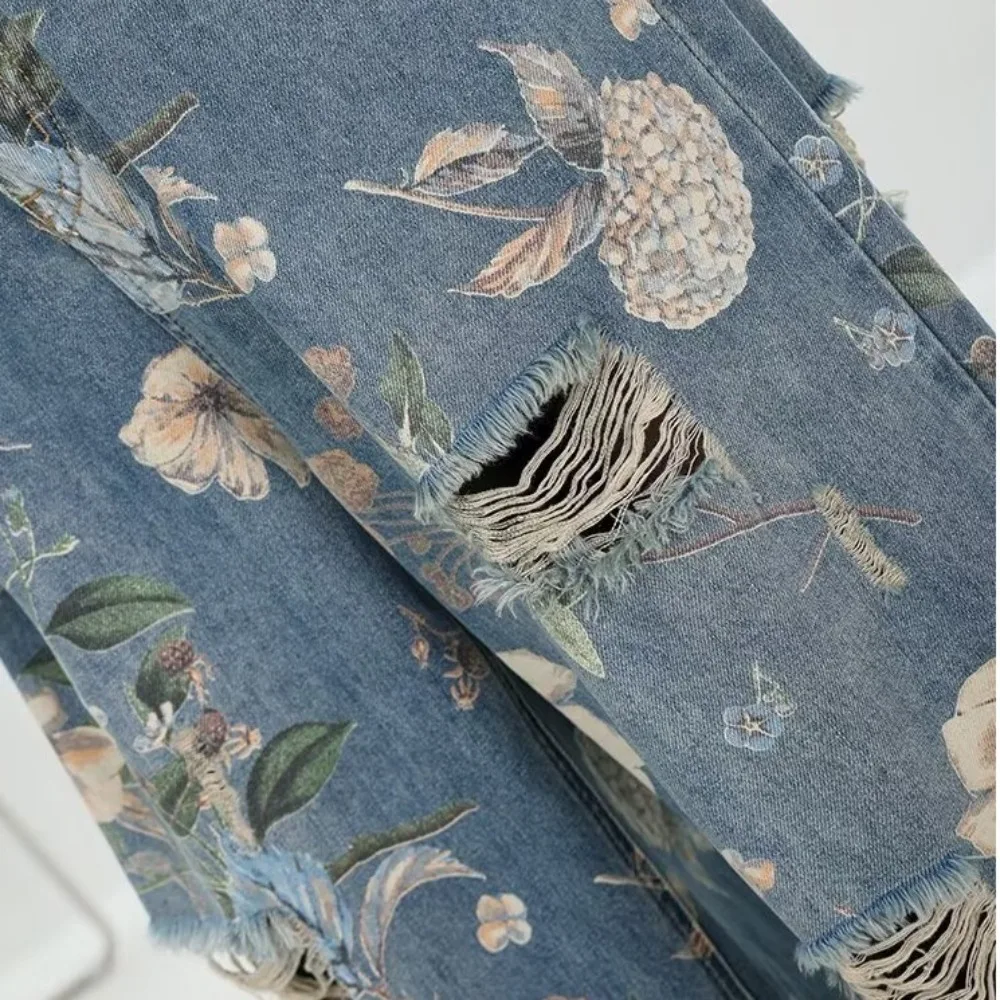 Harajuku Floral Jeans Women Y2K Ripped Baggy Broken Hollow Pants Wide Leg Streetwear Straight Denim Trousers Boys Girls