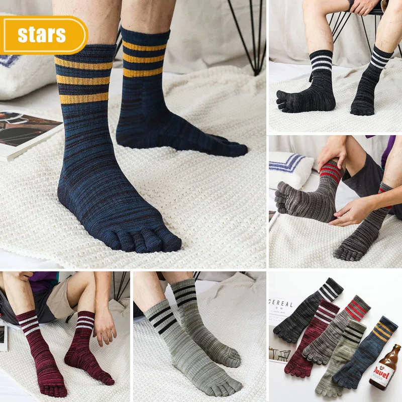 Vintage Fünf-Finger-Socken für Herren, Baumwolle, gestreift, Kompression, bunt, schweißabsorbierend, atmungsaktiv, warm, Fitness-Zehensocken für Studenten