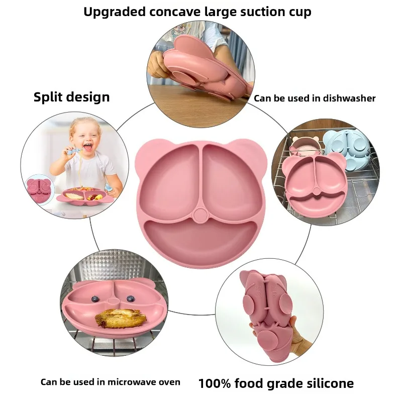 

Silicone Suction Plate Set Divided Design Baby Feeding Utensils 8 Piece Toddler Dish Kit Non Slip Base BPA Free Dishwasher