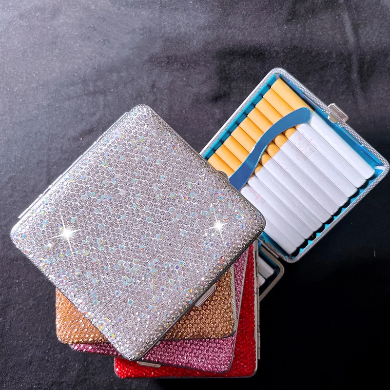 Diamond-set Women's Cigarette Case Stainless Steel Portable DIY Metal Clip 20 Sticks Automatic Smoking Rhinestones Storage Box