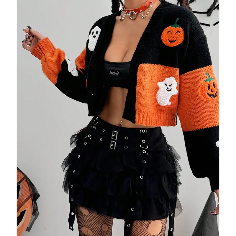 

Personalized Pumpkin Embroidery Long Sleeved Jacket For Women Halloween Slim Fit Short Sweater Cardigan 2024 New Spicy Girl Top