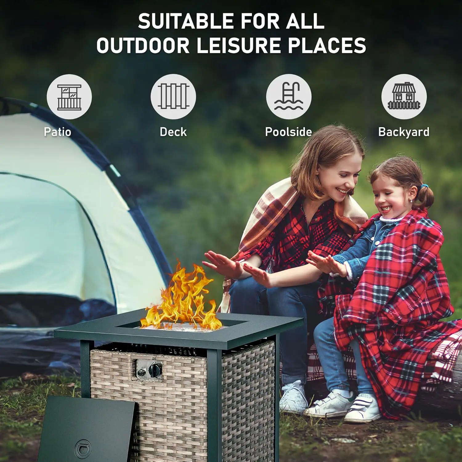 Outdoor Propan Feuerstelle Tisch 28 Zoll 50.000 BTU Selbstzündung Korb Rattan Gas Feuerstelle Tisch mit Deckel, Glasperlen, wasserdicht