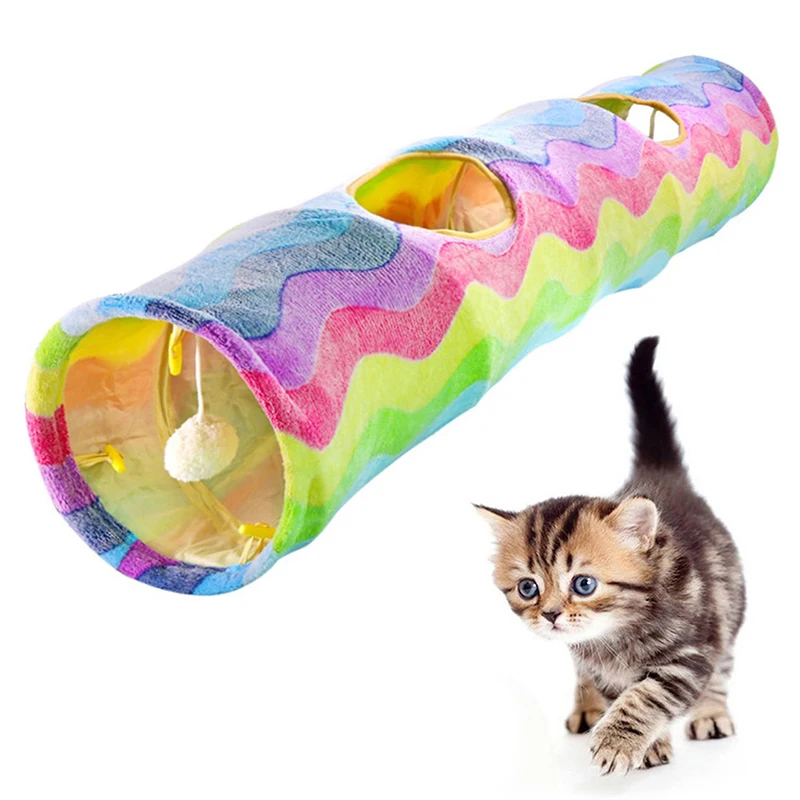 Pet Cat Tunnel Collapsible 4 Holes Indoor Outdoor Tube Kitten Funny Rainbow Tunnel Cat Pet Toy Space-Saving Cat Training Toy