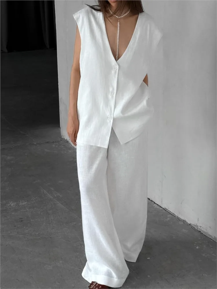 

White Cotton Pants Set Women 2025 New Summer Fashion Loose V-neck Sleeveless Vest Top+Elastic Waist Wide Leg Pants Two Piece Set
