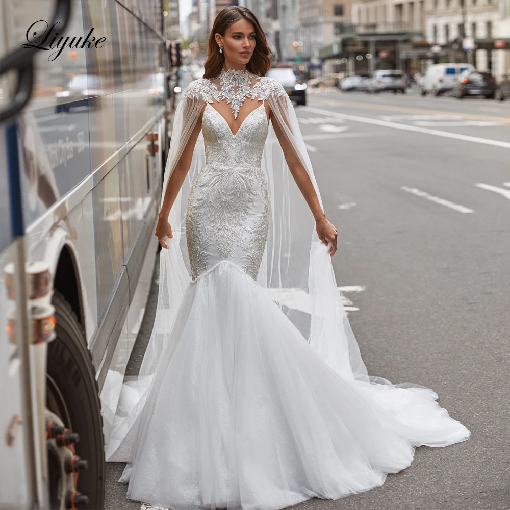 

Liyuke Charming Beading Pearls Lace V-Neck Mermaid Wedding Dresses Appliques Spaghetti Straps Bridal Gowns With Removable Cape