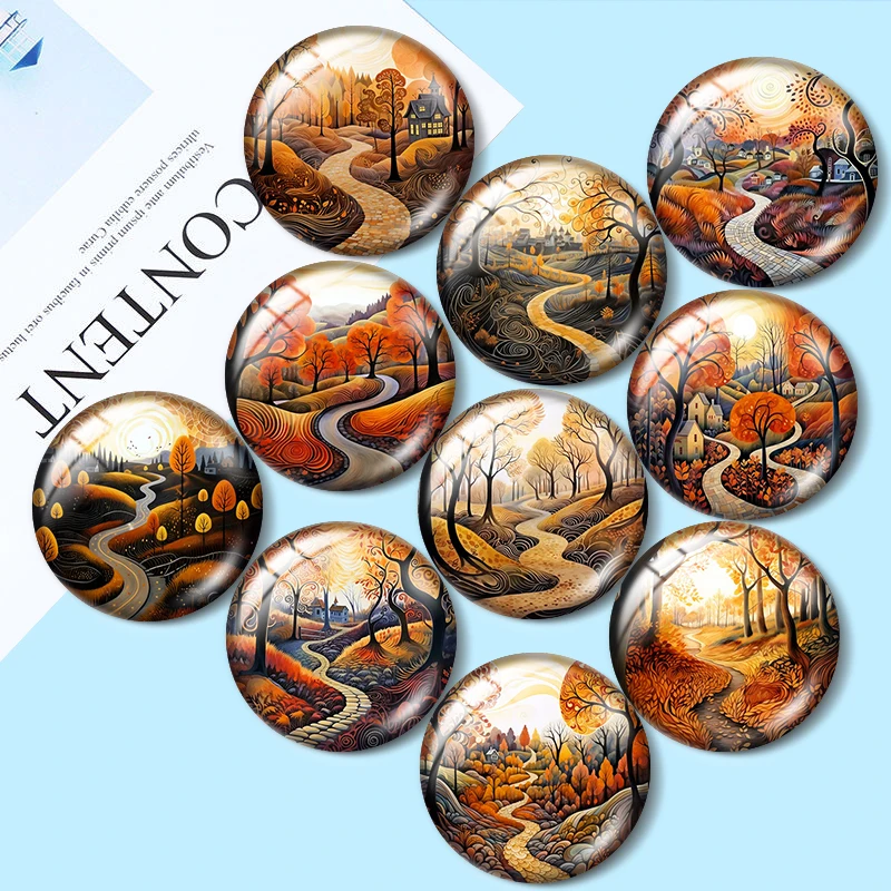 

Watercolor Folk Art Mysterious Autumn Pathways 12mm/18mm/20mm/25mm Round photo glass cabochon demo flat back Making findings