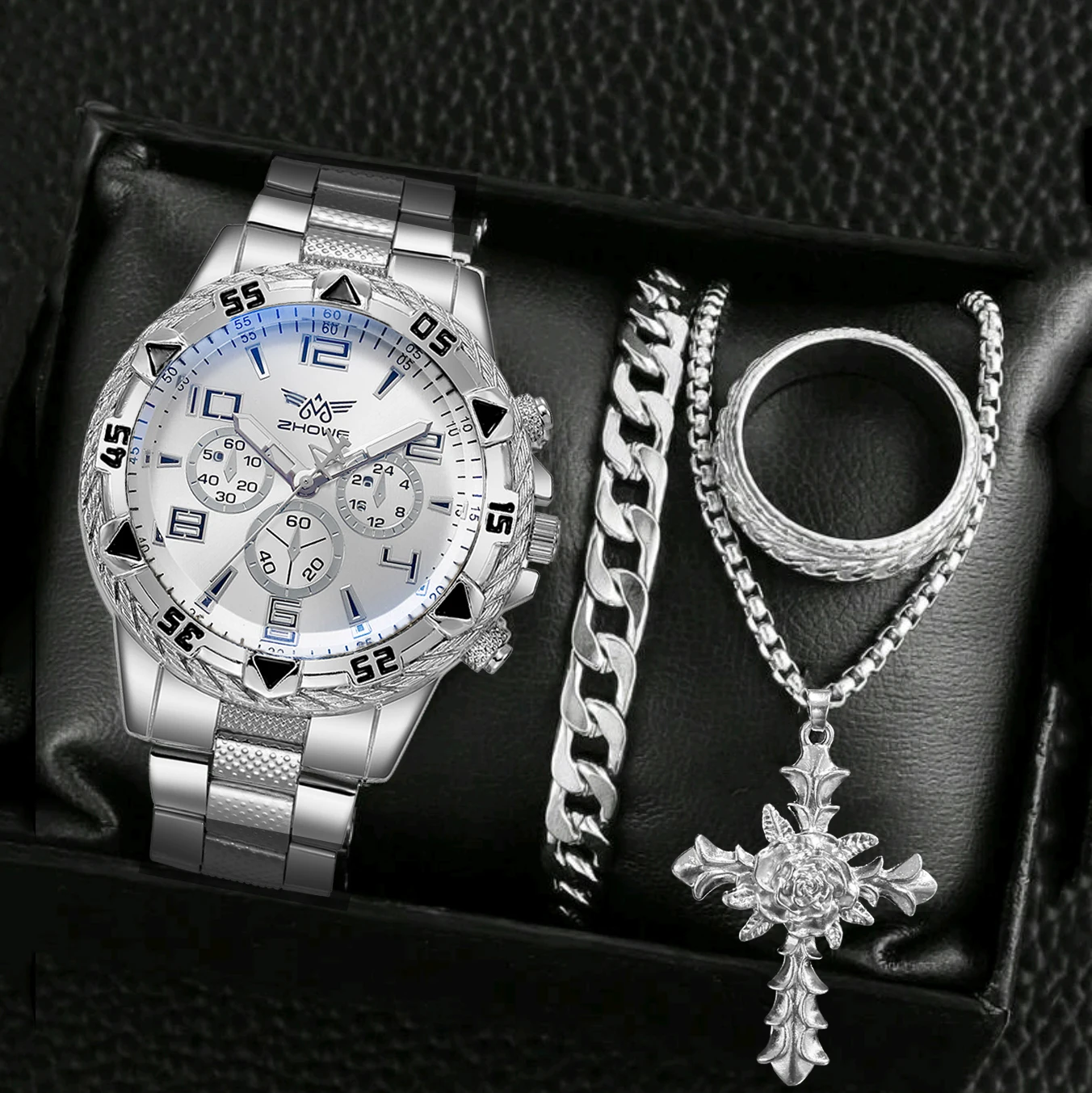 الرجال 4PCS ووتش مجموعة أزياء عارضة الفولاذ المقاوم للصدأ ثلاثة أقراص كوارتز ووتش الحرة روز قلادة سوار خواتم هدية عيد ميلاد