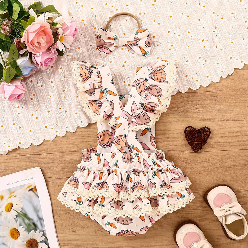 Ircomll Baby Newborn Items Easter Custome Cute Cartoon Bunny Print Sleeveless Romper+Headband Bodysuit For Infant Girls Outfit