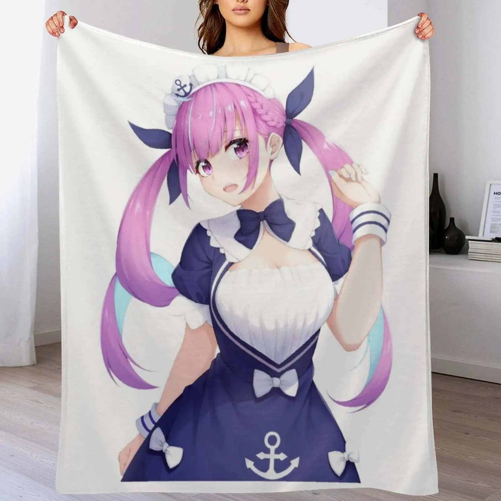 Minato Aqua Hololive Cute Maid Anime Girl Throw Blanket Warm Napping Blanket for Office Couch Bed