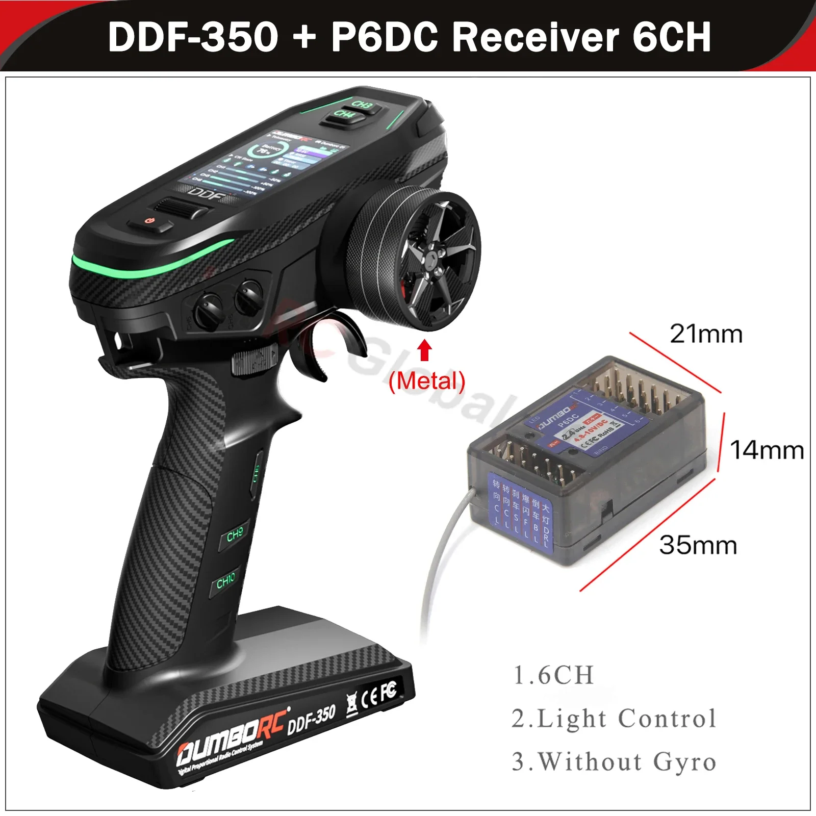 DUMBORC DDF-350 10CH 10-kanaals zender P6F P6DCG Gyro-ontvanger Metalen handwiel afstandsbediening voor RC auto vliegtuig boot