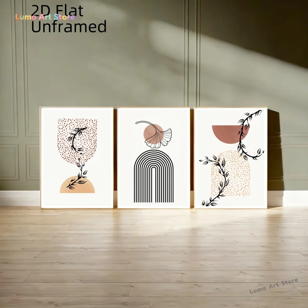 2D Flat, 3pcs Unframed 2D Flat Boho Abstract Botanical Posters And Prints Geometric Line Plant Leaf Canvas Painting Wall Art