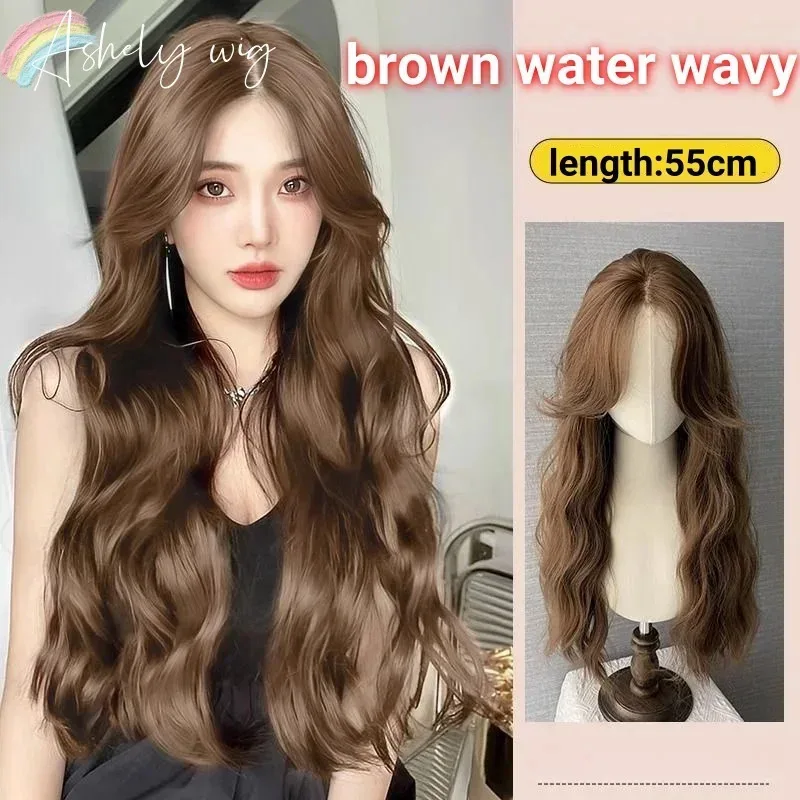 

Ashely Brown Wig for Women Long Wavy Hair Center Parted Eight Bangs Water Wave Long Curly Wig Warm Tea Brown Wigs for Scool Life