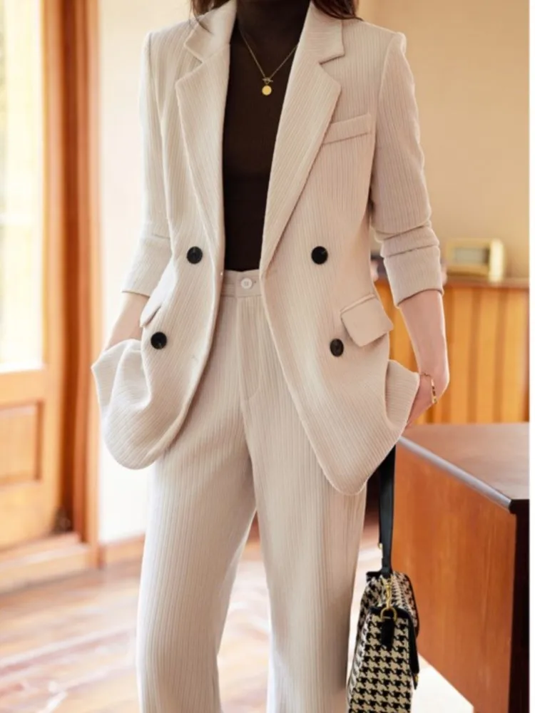 

Office Ladies Slim Casual Blazer Pantsuit Women Fashion New Warm Soft Elegant Jackets Coat Straight Pants Two Pieces Set