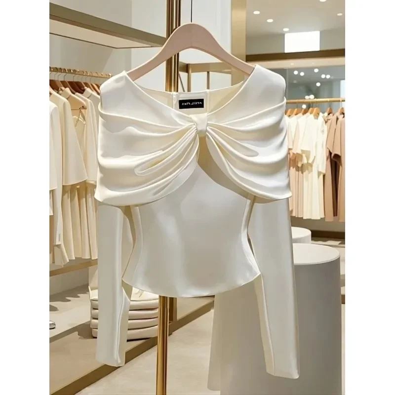 Spring/Autumn French Fashion White Blouse Women Tops Light Luxury High End Unique V-neck Slim Long Sleeve Shirts Women Clothing