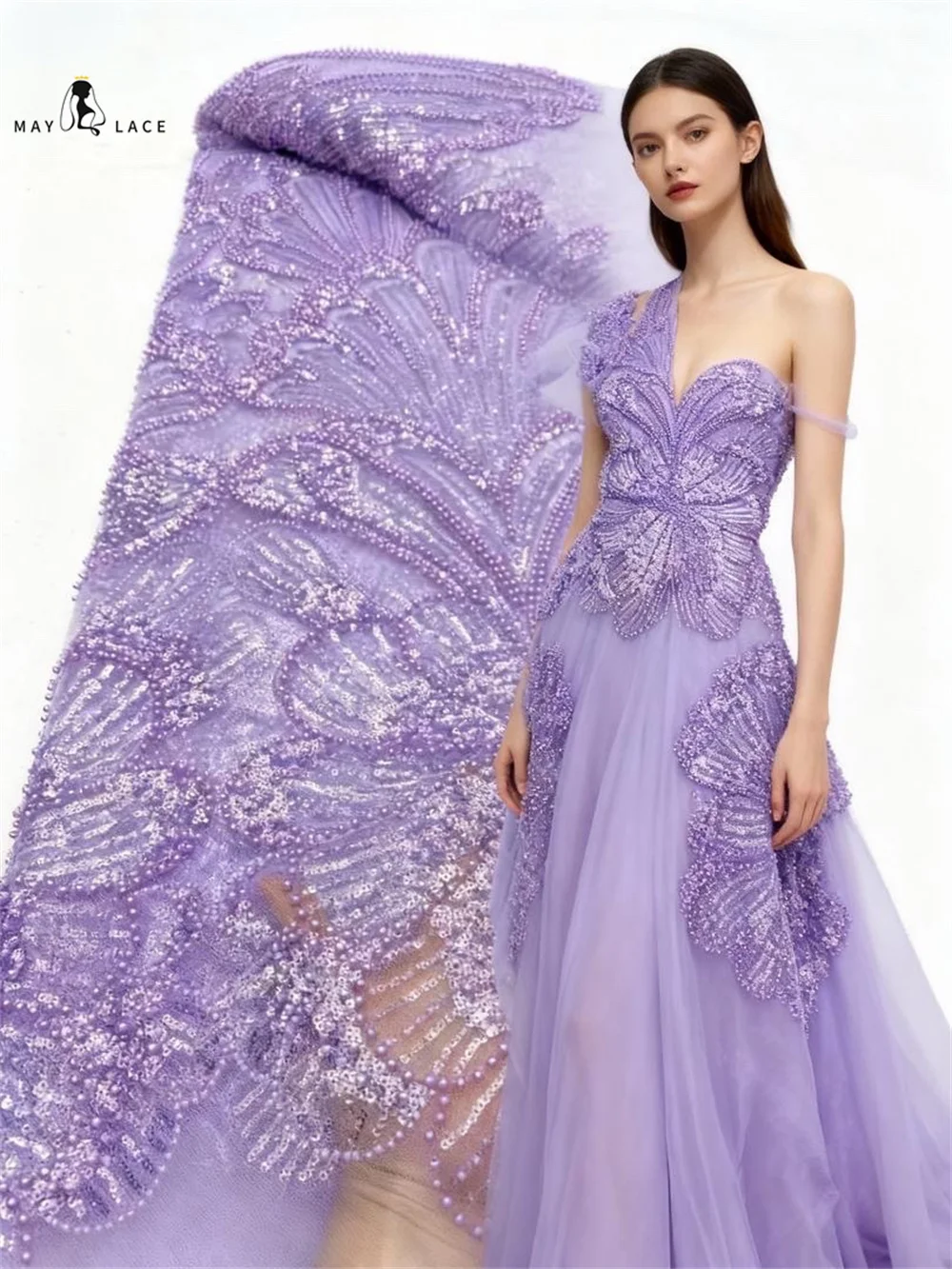 

African Heavy Beaded Lace Fabric French Bridal Sequins Lace Fabric 2025 Luxury Nigerian Tulle Lace Fabric Couture Materiel Women