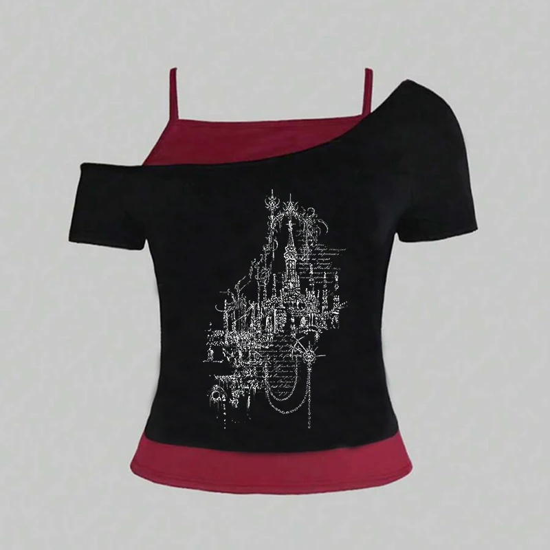 2000 년대 하이 스트리트 크리에이티브 코믹 패턴 프린트 티 고딕 펑크 Y2K 레트로 슬림 탑 패션 다목적 섹시한 클래식 여성 티셔츠