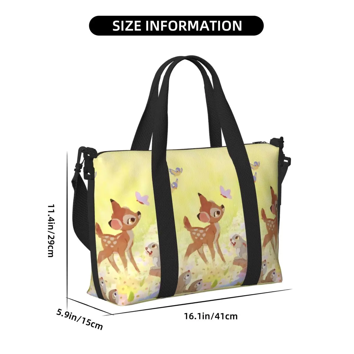 مخصص بامبي حقيبة حمل على الشاطئ للنساء الطباعة الكلاسيكية الحيوان مقصورة كبيرة رياضة حقائب السفر الشاطئ