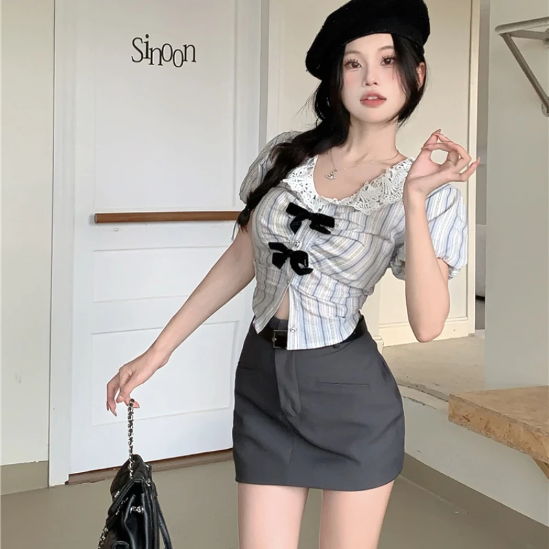 Women Dress Sets Short Puff Sleeve Striped Spicy Girls Summer Lace Bow Y2k Fashion Streetwear Vintage Korean Style Simple Chic