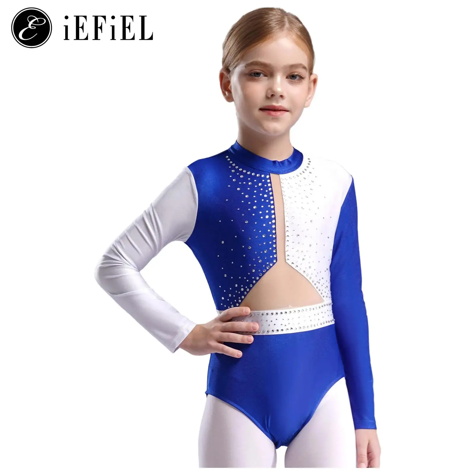 Girls Shiny Dimonds Gymnastics Leotard Long Sleeve Cutout Back Ballet Dance Unitard Ice Skating Bodysuits Lyrical Dancewear